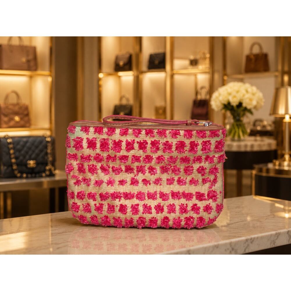 LOFT Ann Taylor Pink Raffia Wristlet Summer Clutch Zip Pouch Bag Coastal Chic